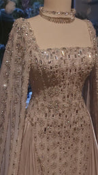 Luxury Nude Dubai Crystal Cape Sleeves A-Line Evening Dress CLA73272