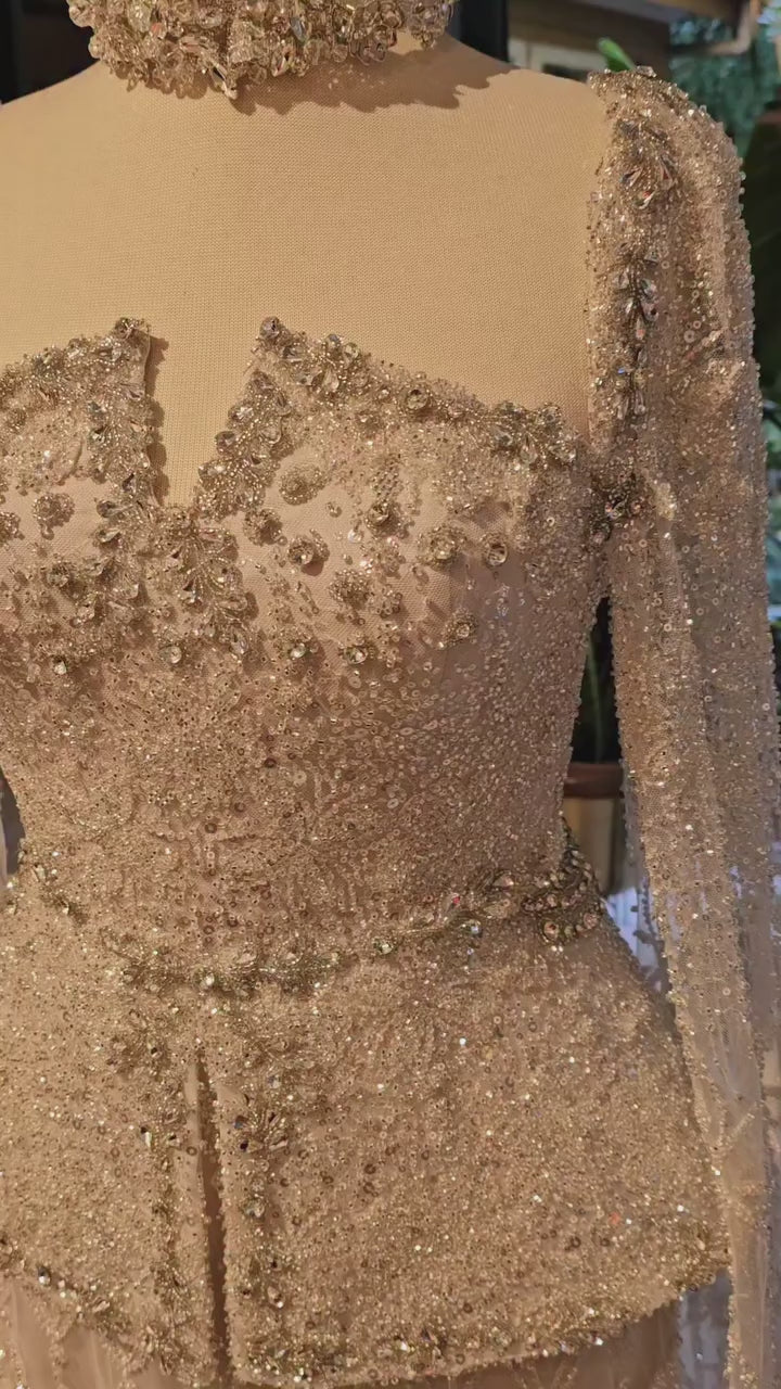 Luxury Nude Dubai Crystal Beaded Evening Dress with Cape LA73274