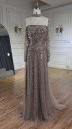 Luxury Caramel Off Shoulder Beaded Mermaid Evening Dress Long Sleeves CLA73053