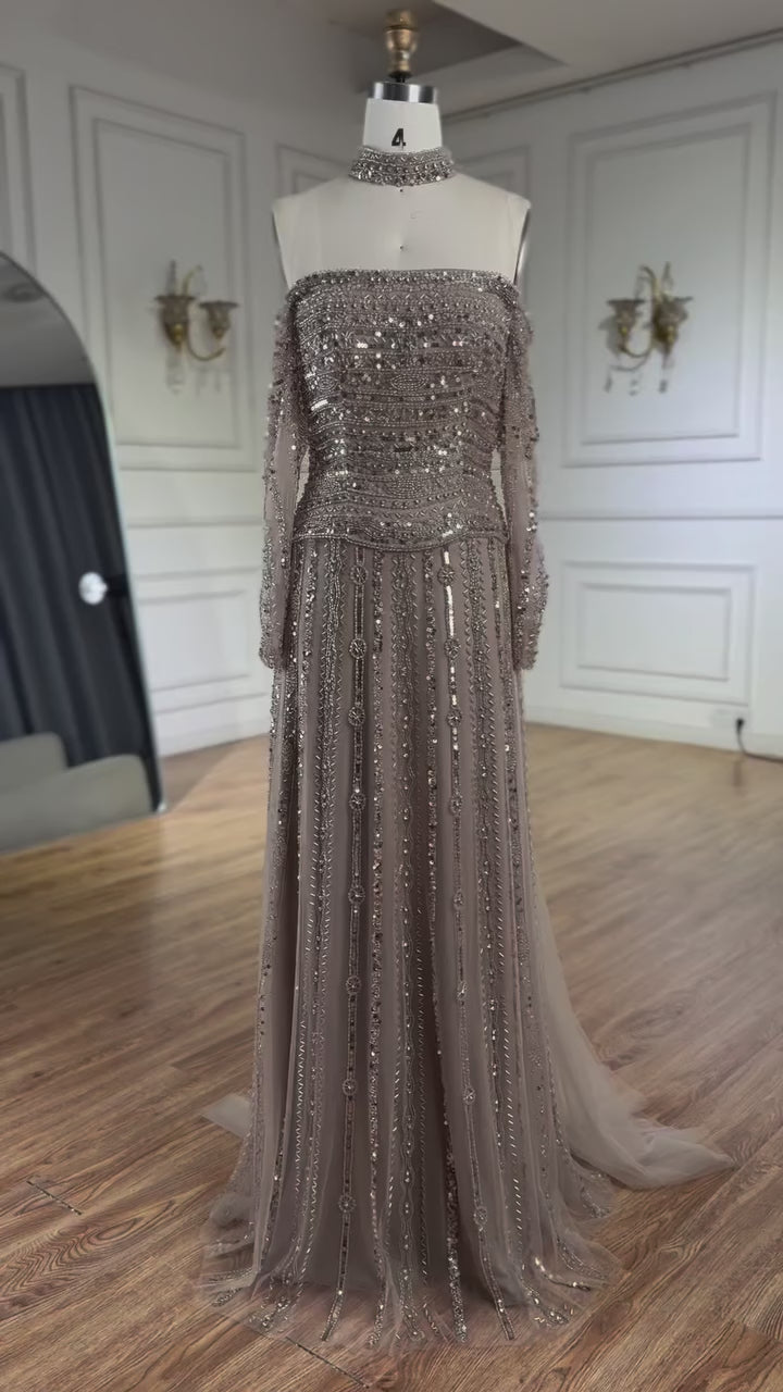 Luxury Caramel Off Shoulder Beaded Mermaid Evening Dress Long Sleeves CLA73053