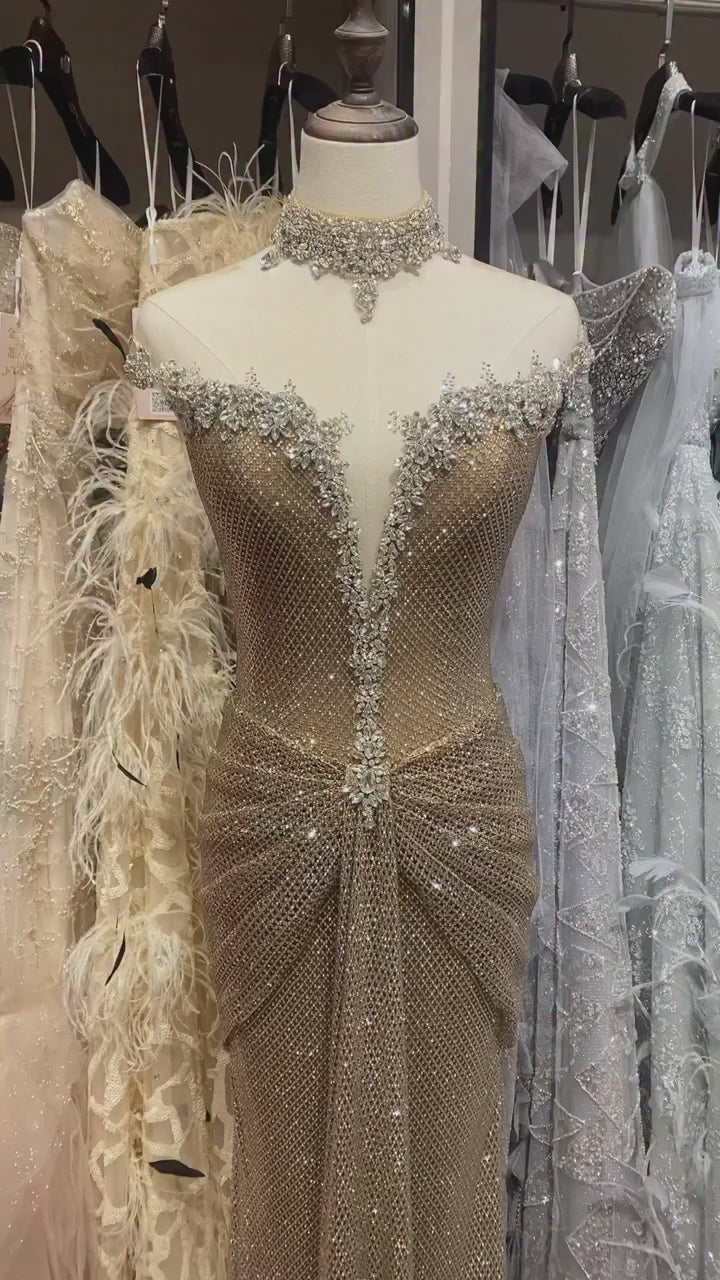 Luxury Gold Crystal Beaded Mermaid Evening Dress LA73491