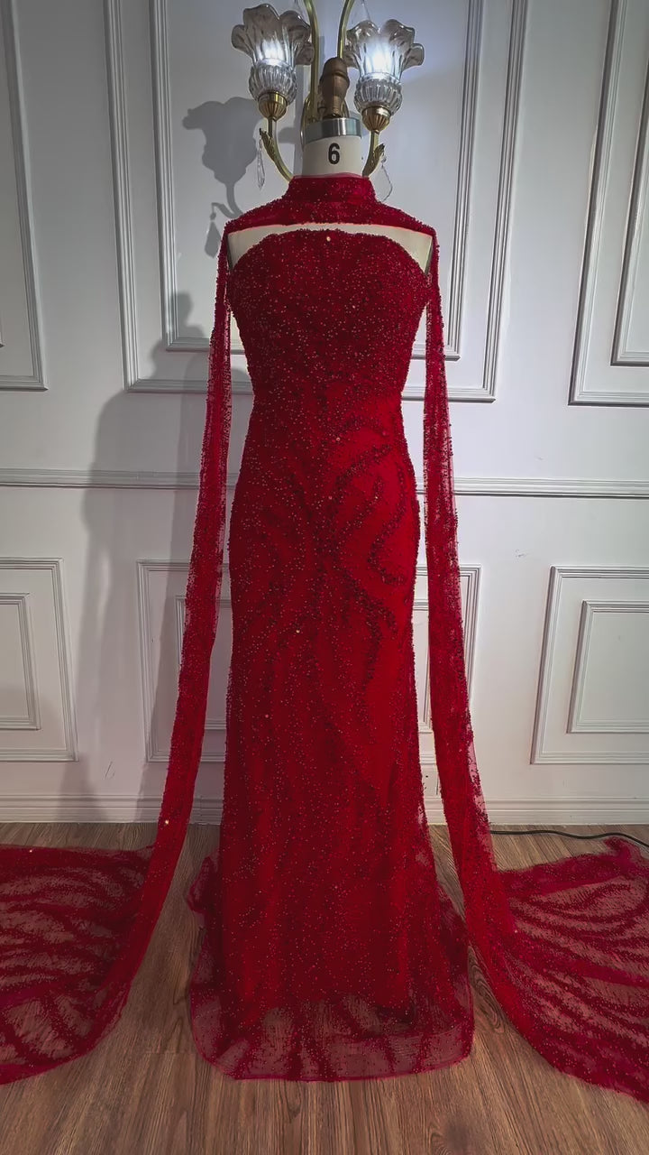 Luxury Nude Beaded Evening Dress with Cape Sleeves CLA72824