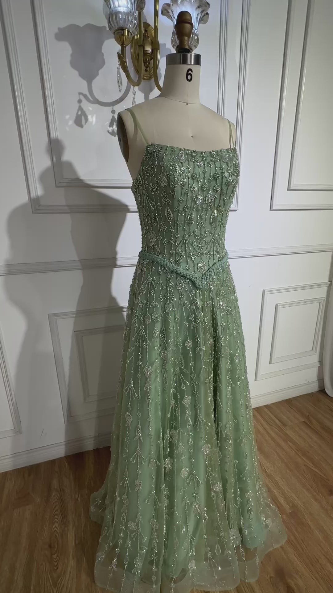 Luxury Sage Green Beaded A-Line Spaghetti Straps Evening Dress CLA72805