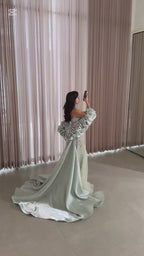 Luxury Sage Green Beaded Mermaid Evening Dress With Detachable Sleeves CLA73201