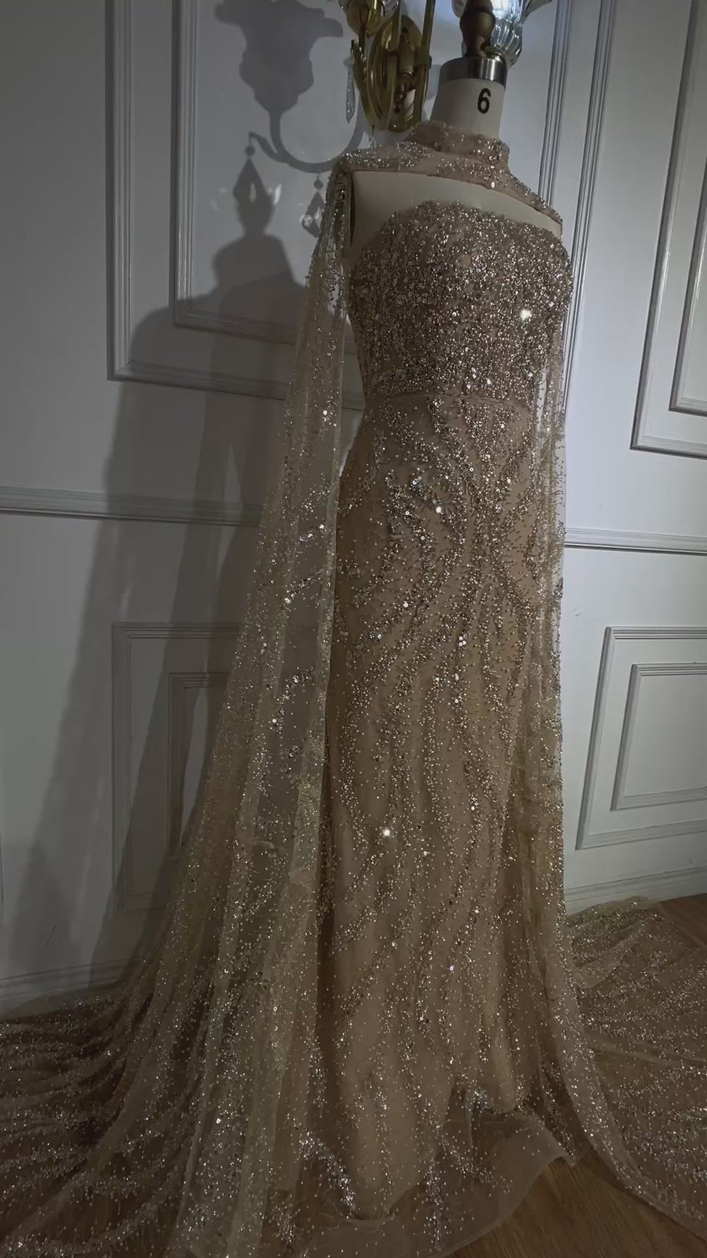 Luxury Nude Beaded Evening Dress with Cape Sleeves CLA72824