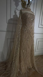 Luxury Nude Beaded Evening Dress with Cape Sleeves CLA72824