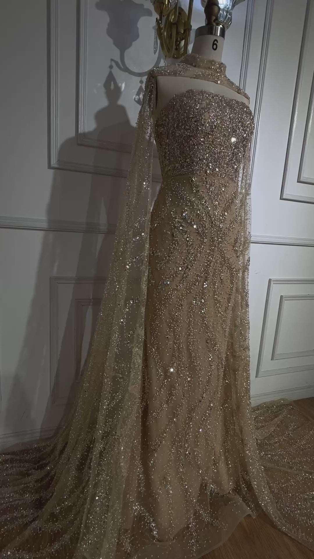 Luxury Nude Beaded Evening Dress with Cape Sleeves CLA72824