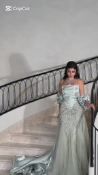Luxury Sage Green Beaded Mermaid Evening Dress With Detachable Sleeves CLA73201