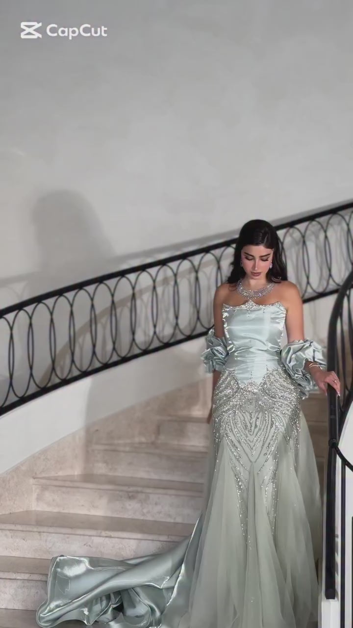 Luxury Sage Green Beaded Mermaid Evening Dress With Detachable Sleeves CLA73201