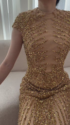 Arabic Luxury Gold Beaded Elegant Short Sleeves Mermaid Evening Dress CLA73221