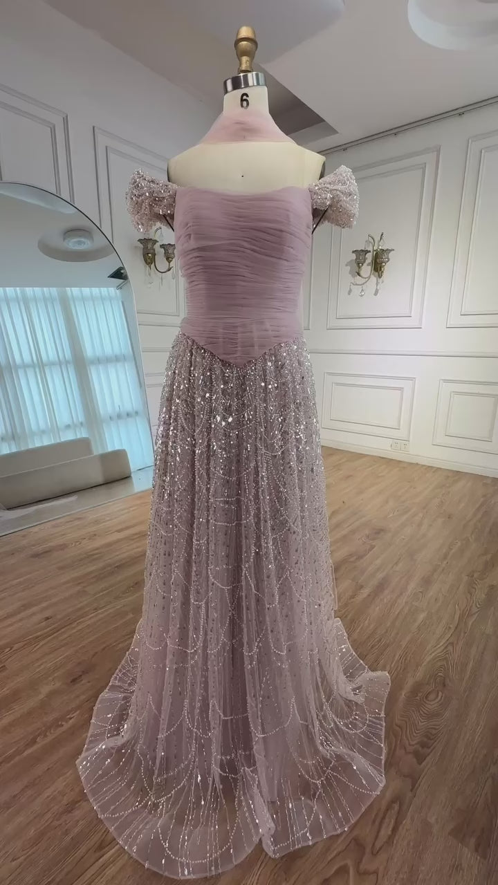 Simple Arabic Pink Pearls Beaded Evening Dress With Shawl CLA72922