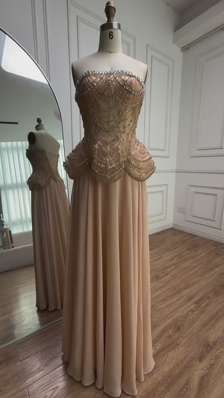 Luxury Designer Nude Beaded Chiffon Evening Dress CLA72915