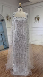 Luxury White Dubai Arabia Beaded Evening Dress With Cape CLA72870