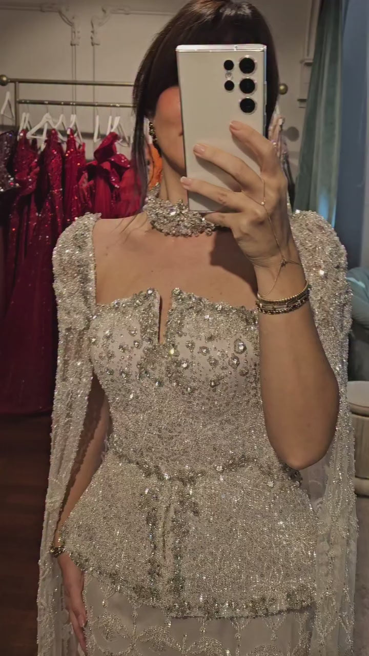 Luxury Nude Dubai Crystal Beaded Evening Dress with Cape LA73274