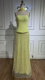 Simple Yellow Mermaid Evening Dress With Shawl CLA73007