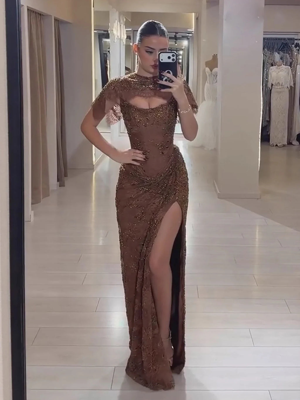 Luxury Brown Beaded Mermaid Gown With Cape CLA73370
