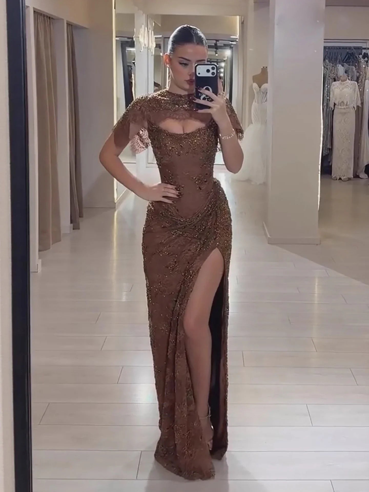 Luxury Brown Beaded Mermaid Gown With Cape CLA73370