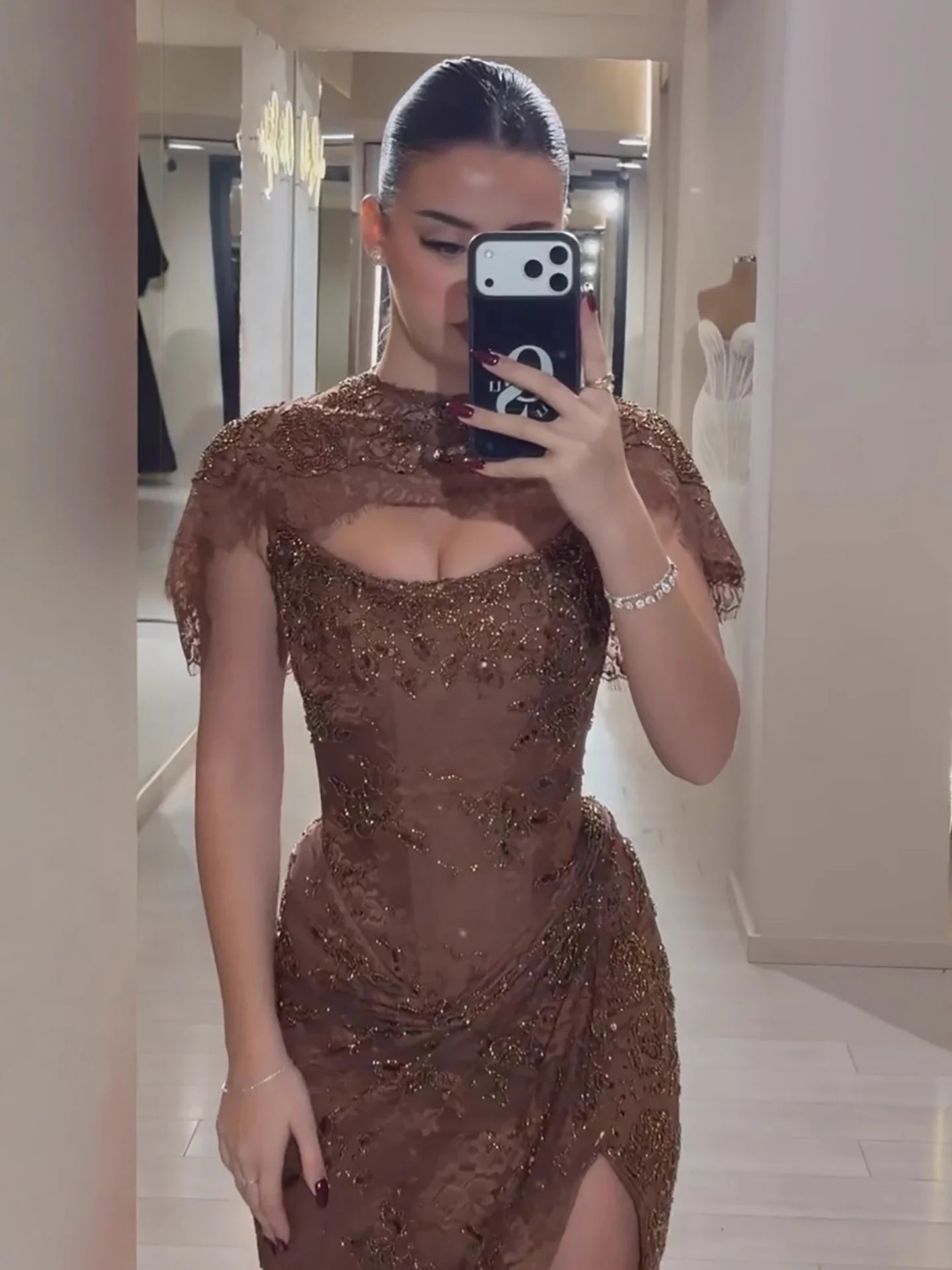 Luxury Brown Beaded Mermaid Gown With Cape CLA73370