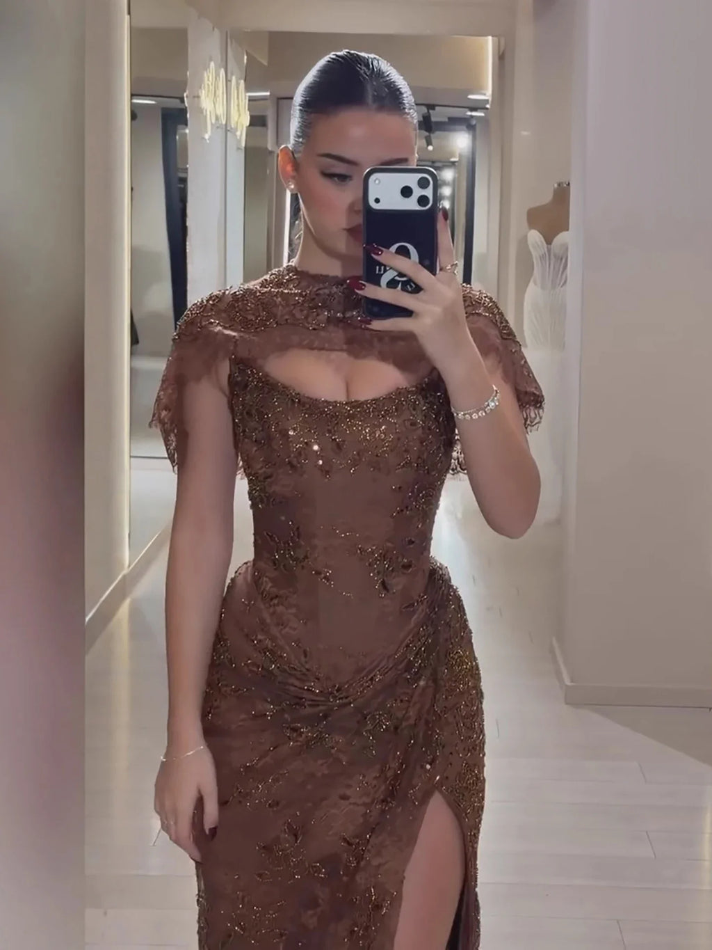 Luxury Brown Beaded Mermaid Gown With Cape CLA73370