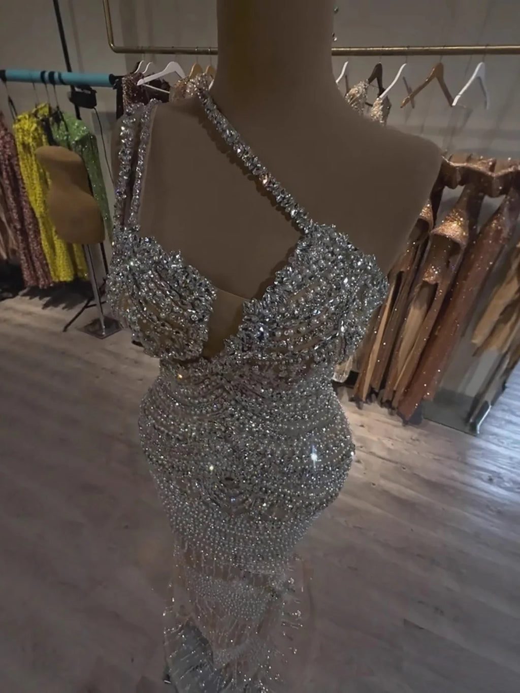 Luxury Silver Nude One Shoulder Pearls Beaded Gowns LA73371