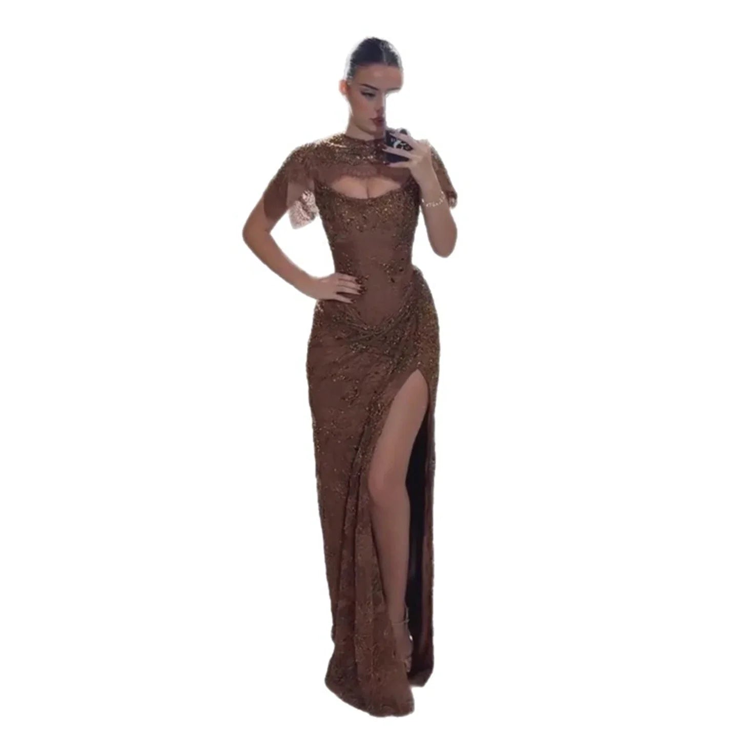 Luxury Brown Beaded Mermaid Gown With Cape CLA73370