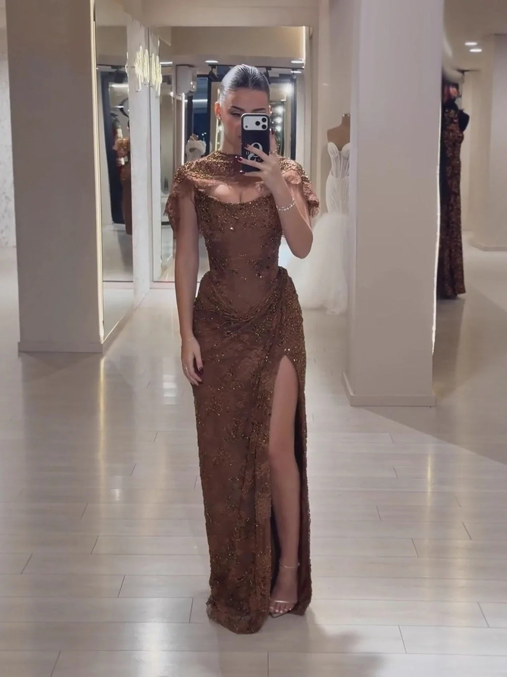 Luxury Brown Beaded Mermaid Gown With Cape CLA73370