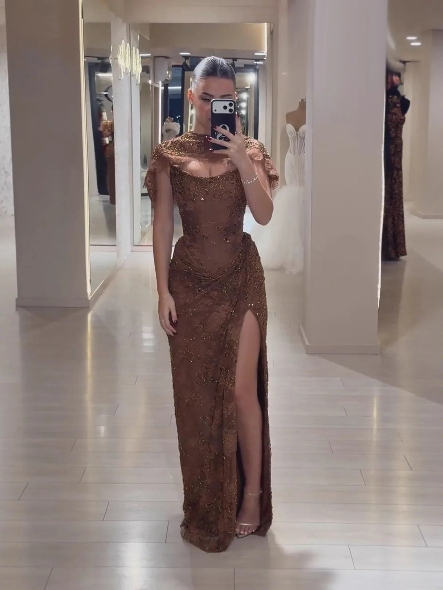 Luxury Brown Beaded Mermaid Gown With Cape CLA73370