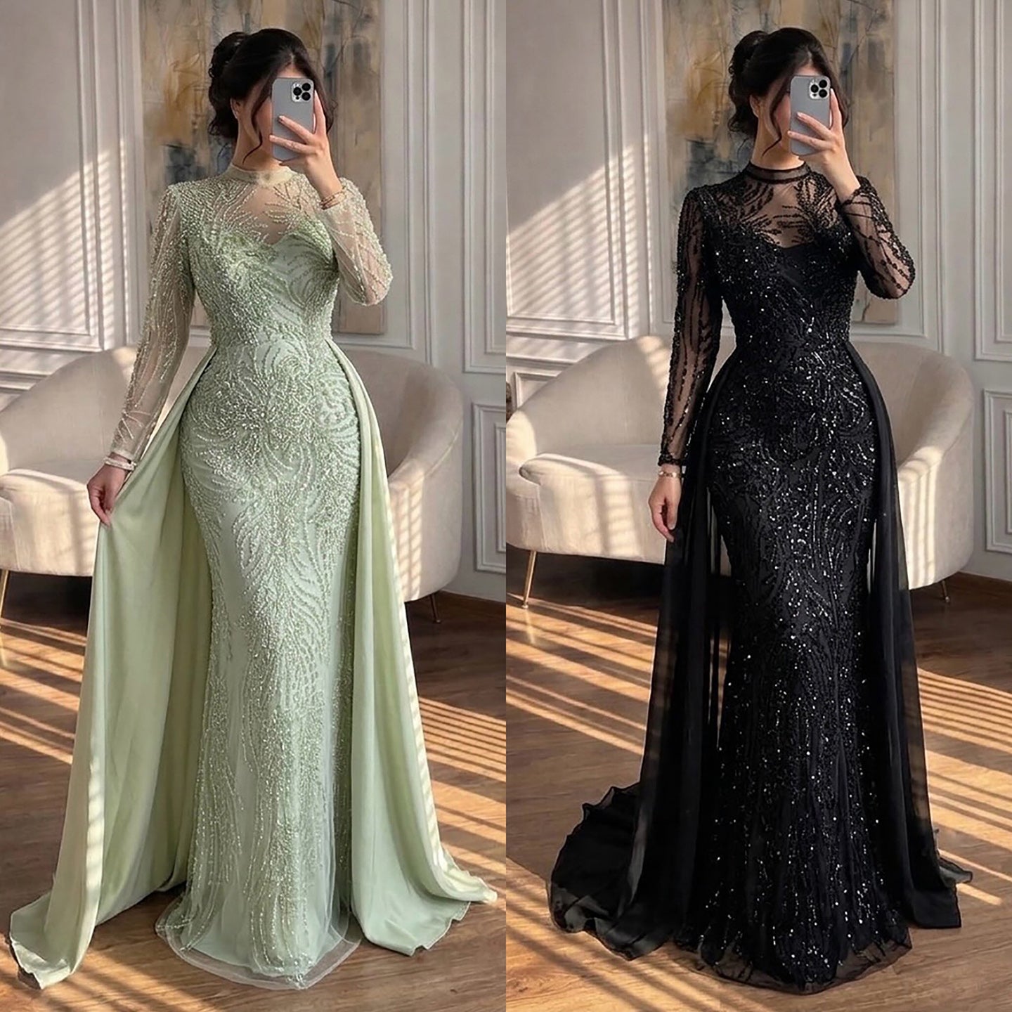 Luxury Sage Green Beaded Mermaid Dress with Overskirt CLA73716