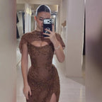 Luxury Brown Beaded Mermaid Gown With Cape CLA73370