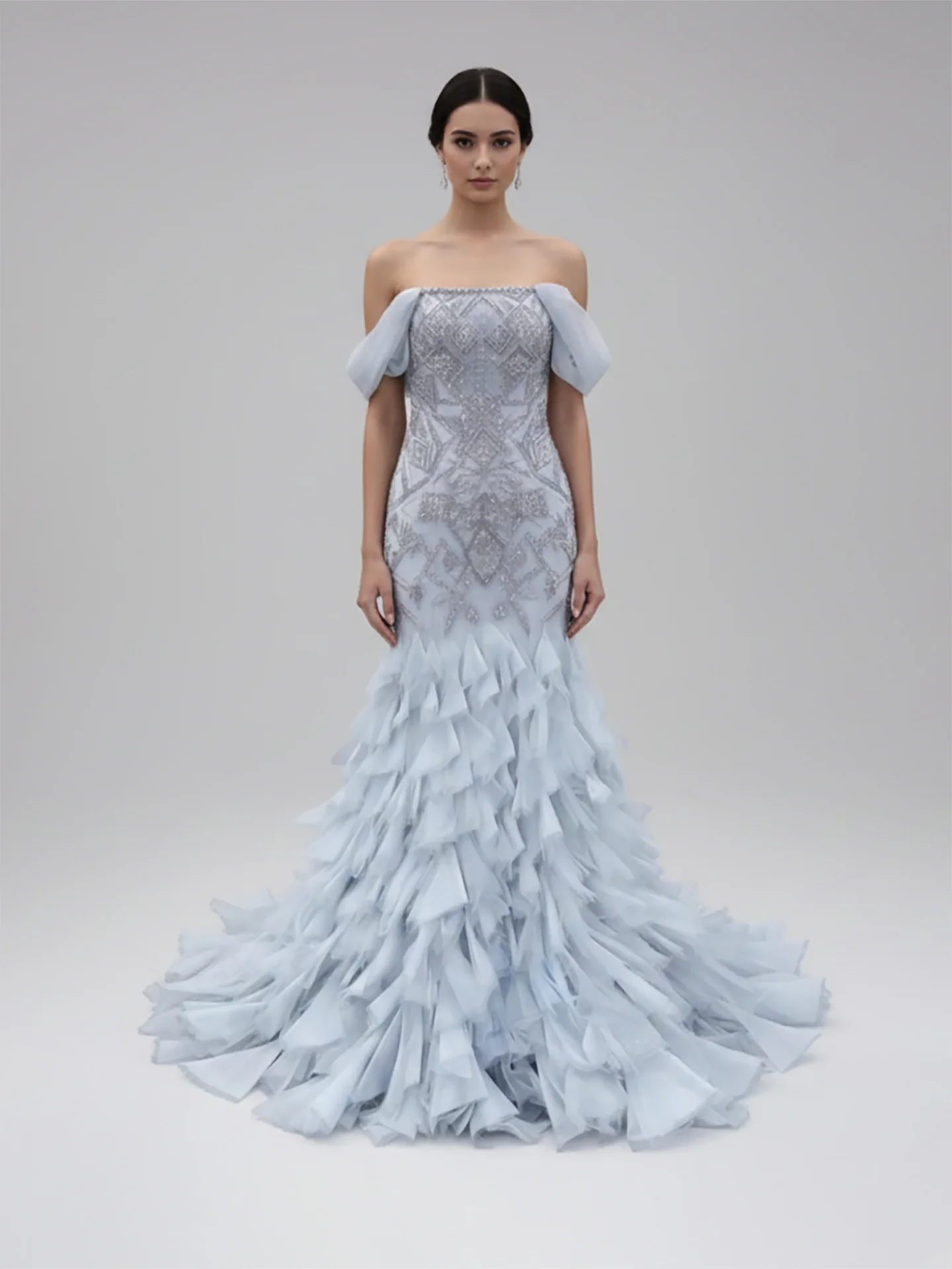 Arabic Blue Luxury Beaded Mermaid Evening Dress Off Shoulder Wedding Occasion Women Party Gown