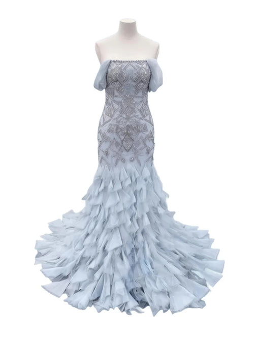Arabic Blue Luxury Beaded Mermaid Evening Dress Off Shoulder Wedding Occasion Women Party Gown