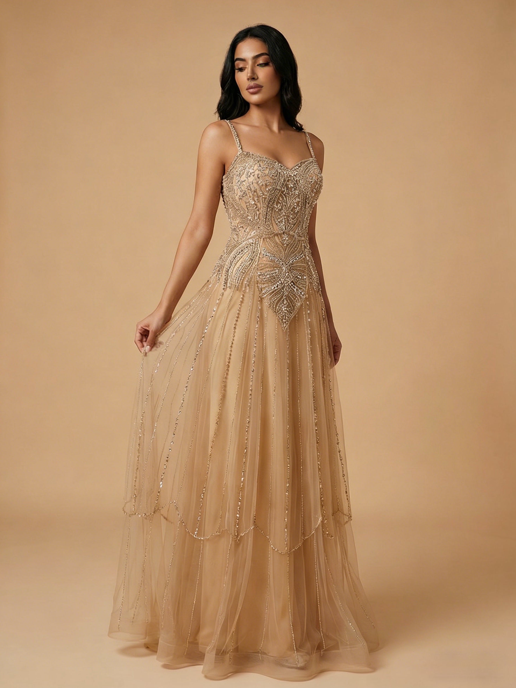 Arabic Luxury Beaded Nude Spaghetti Straps A-Line Evening Dress
