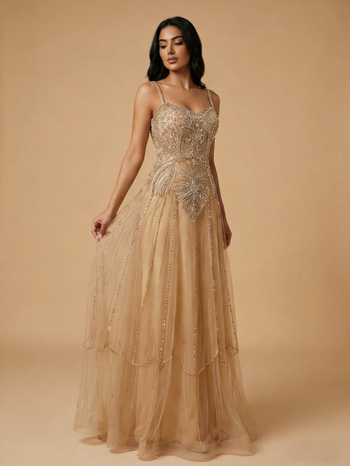 Arabic Luxury Beaded Nude Spaghetti Straps A-Line Evening Dress
