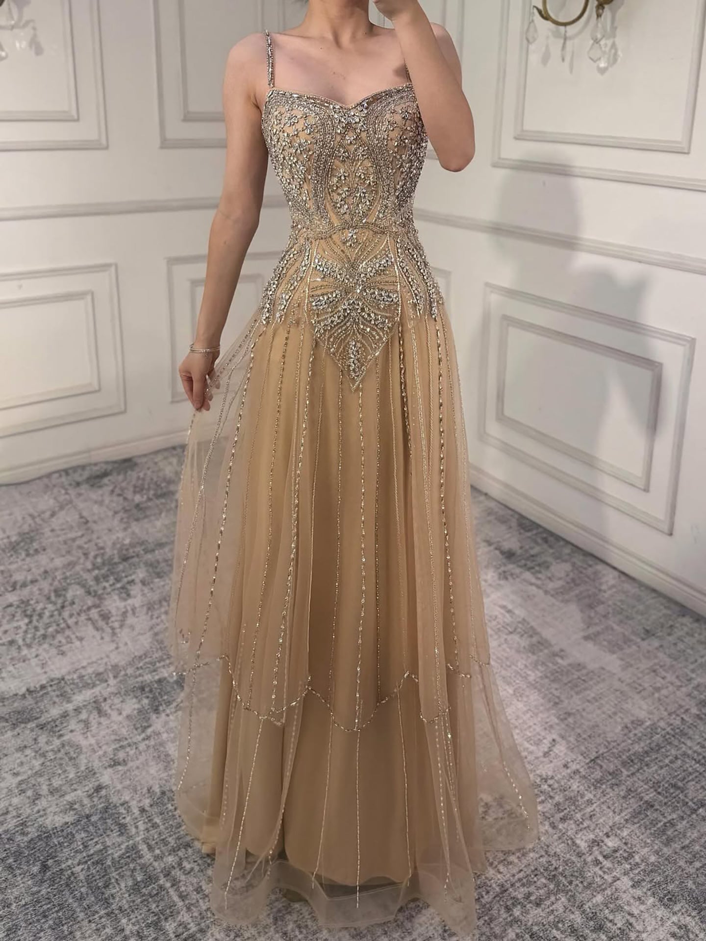 Luxury Beaded Nude Spaghetti Straps A-Line Evening Dress