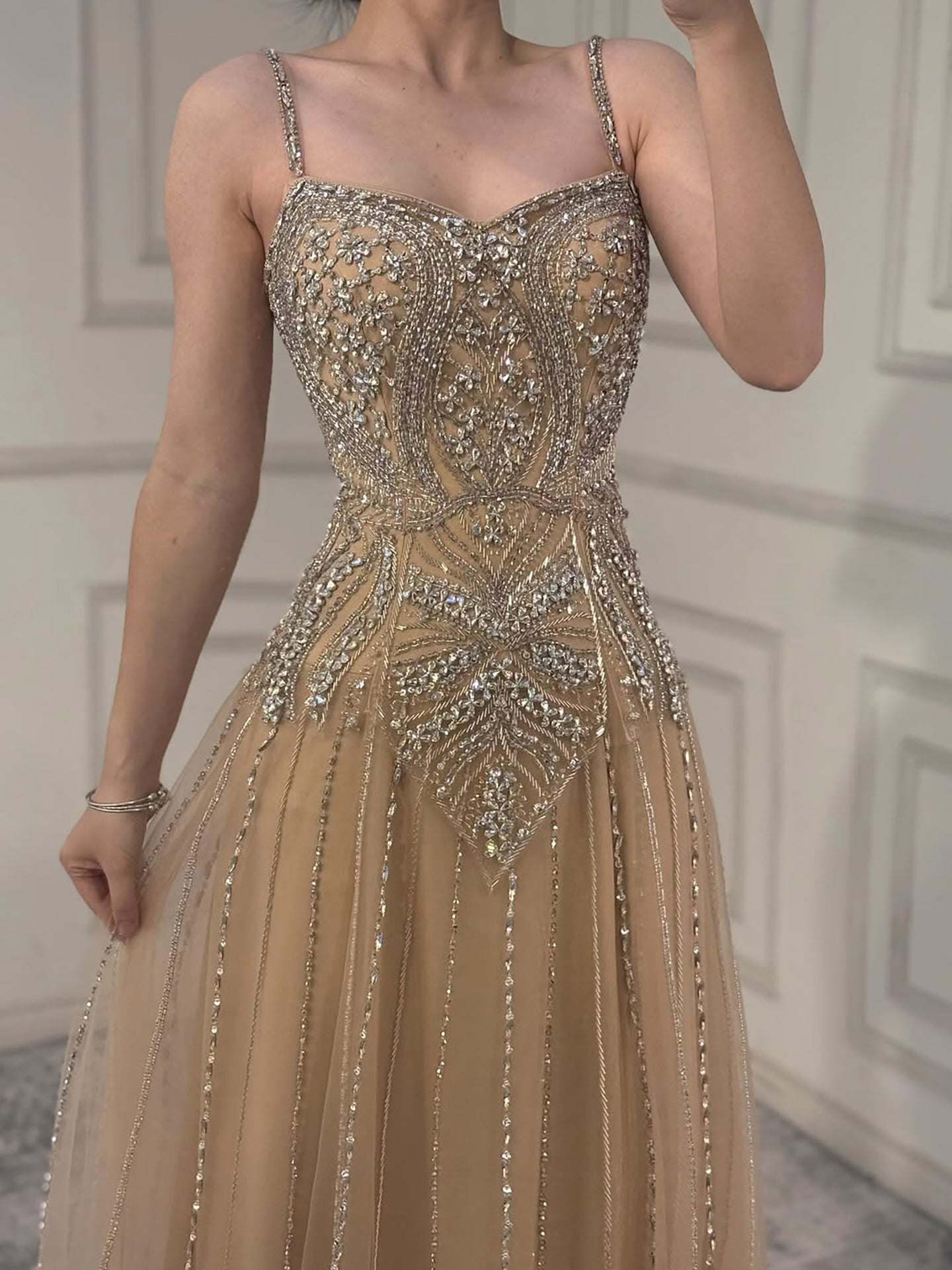 Luxury Beaded Nude Spaghetti Straps A-Line Evening Dress