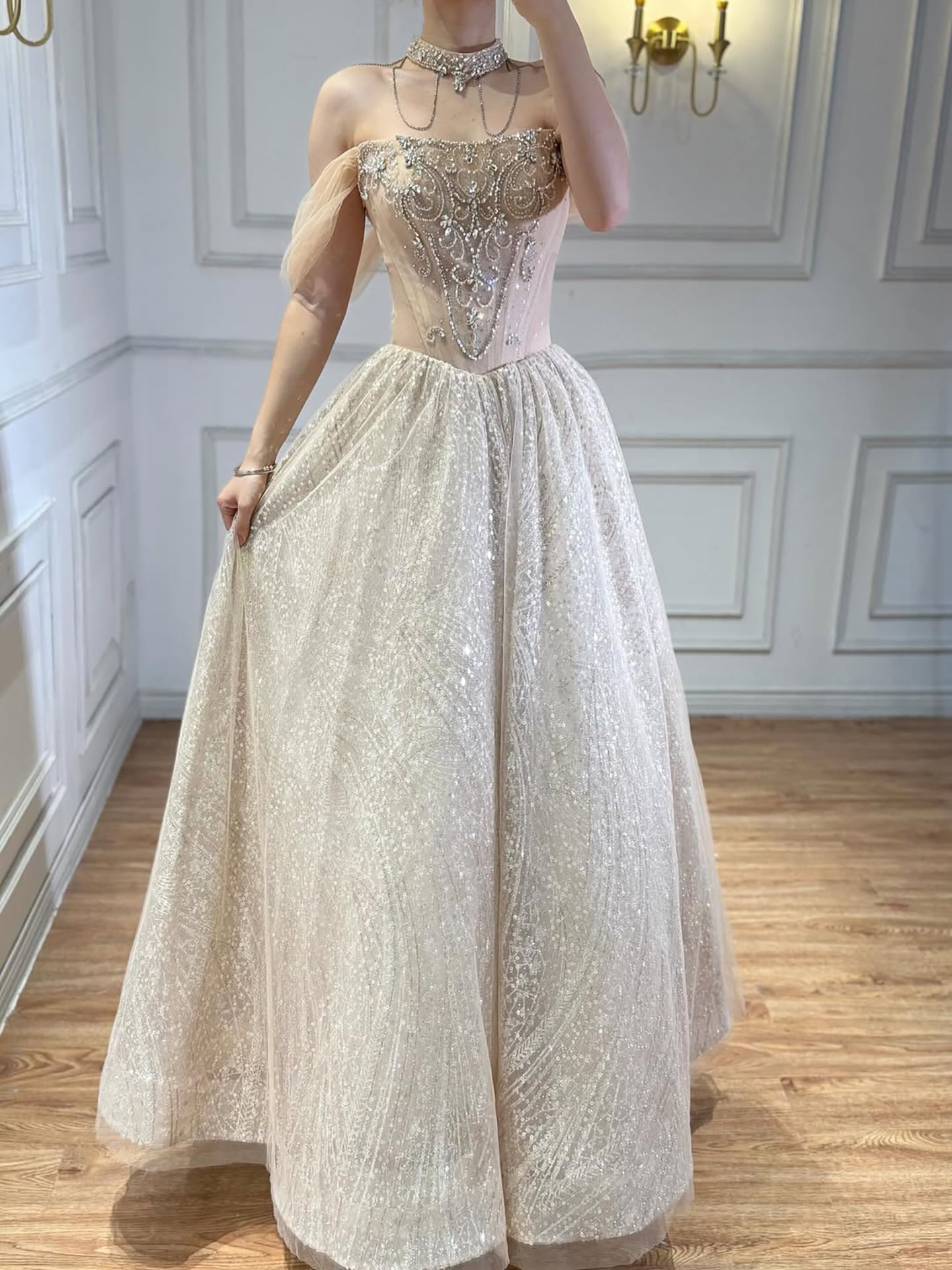 Beige Luxury Beaded Ball Gown Evening Dress Off Shoulder With Necklace For Women Birthday Party Wedding Occasion Engagement