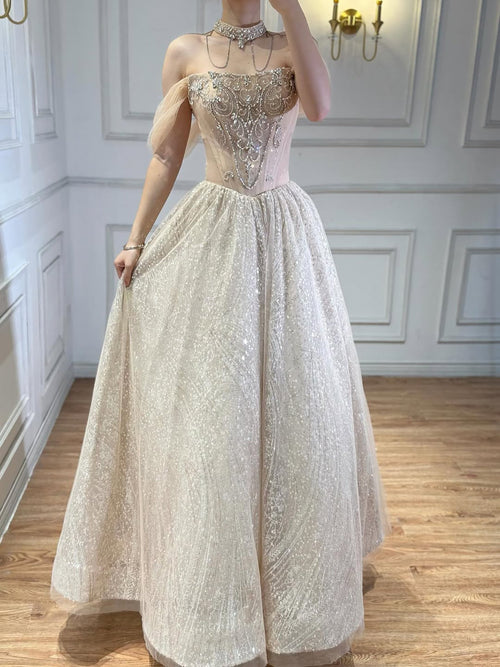 Beige Luxury Beaded Ball Gown Evening Dress Off Shoulder With Necklace For Women Birthday Party Wedding Occasion Engagement
