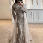 Caramel Luxury Beaded Mermaid With Overskirt Evening Dress Hijab Modest For Muslim Women Wedding Party Gown