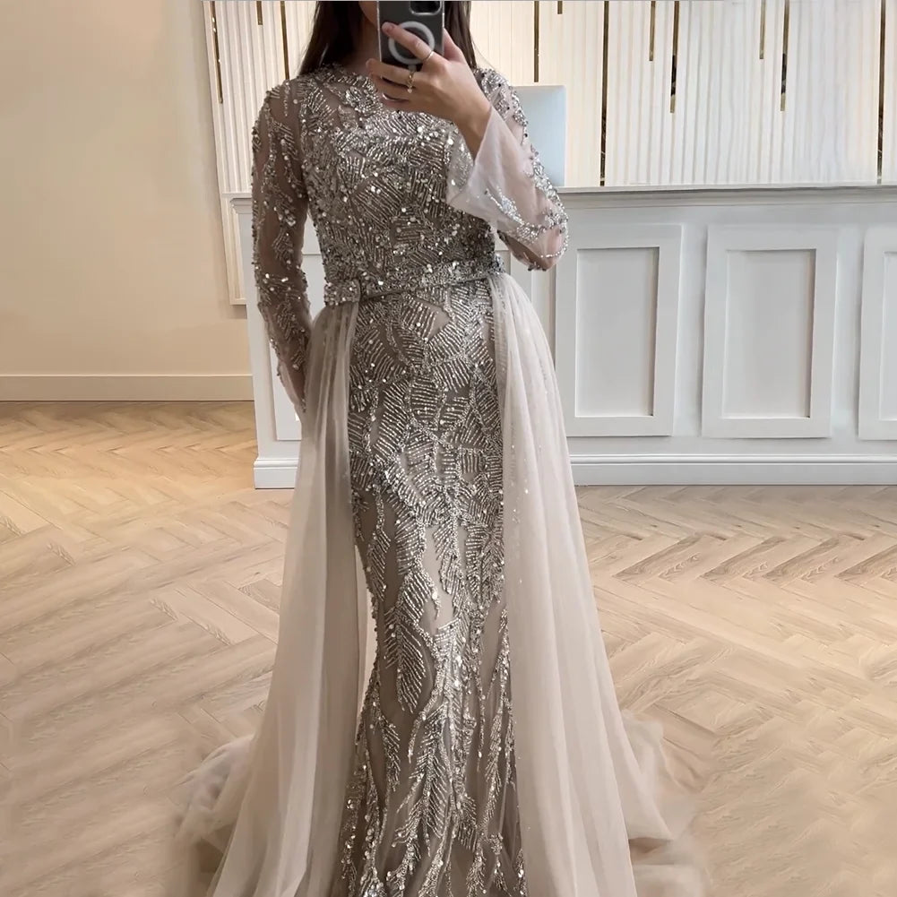 Caramel Luxury Beaded Mermaid With Overskirt Evening Dress Hijab Modest For Muslim Women Wedding Party Gown