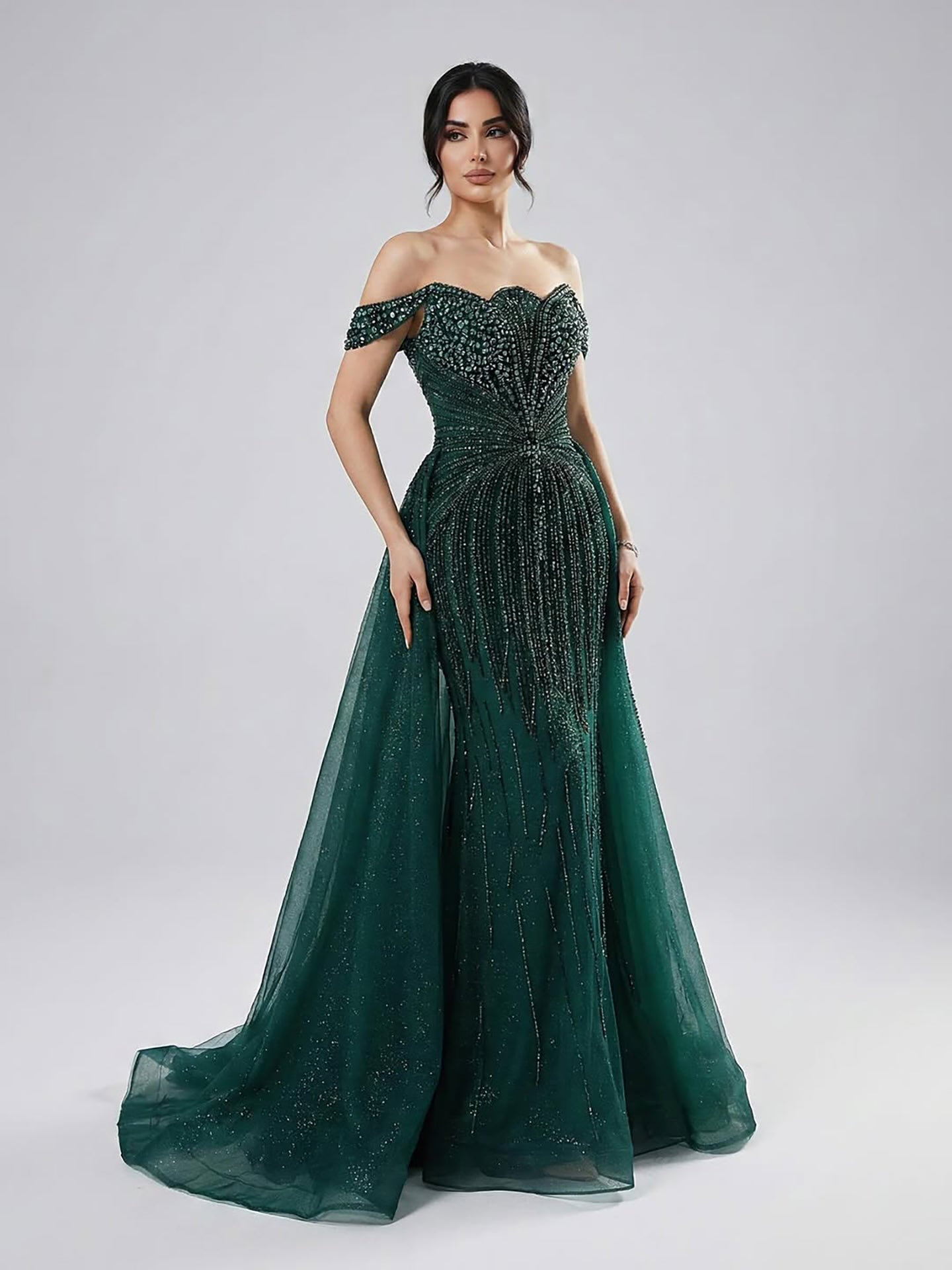 Green Luxury Beaded Off Shoulder Elegant Mermaid With Overskirt Evening Dress Wedding Afterparty Gown