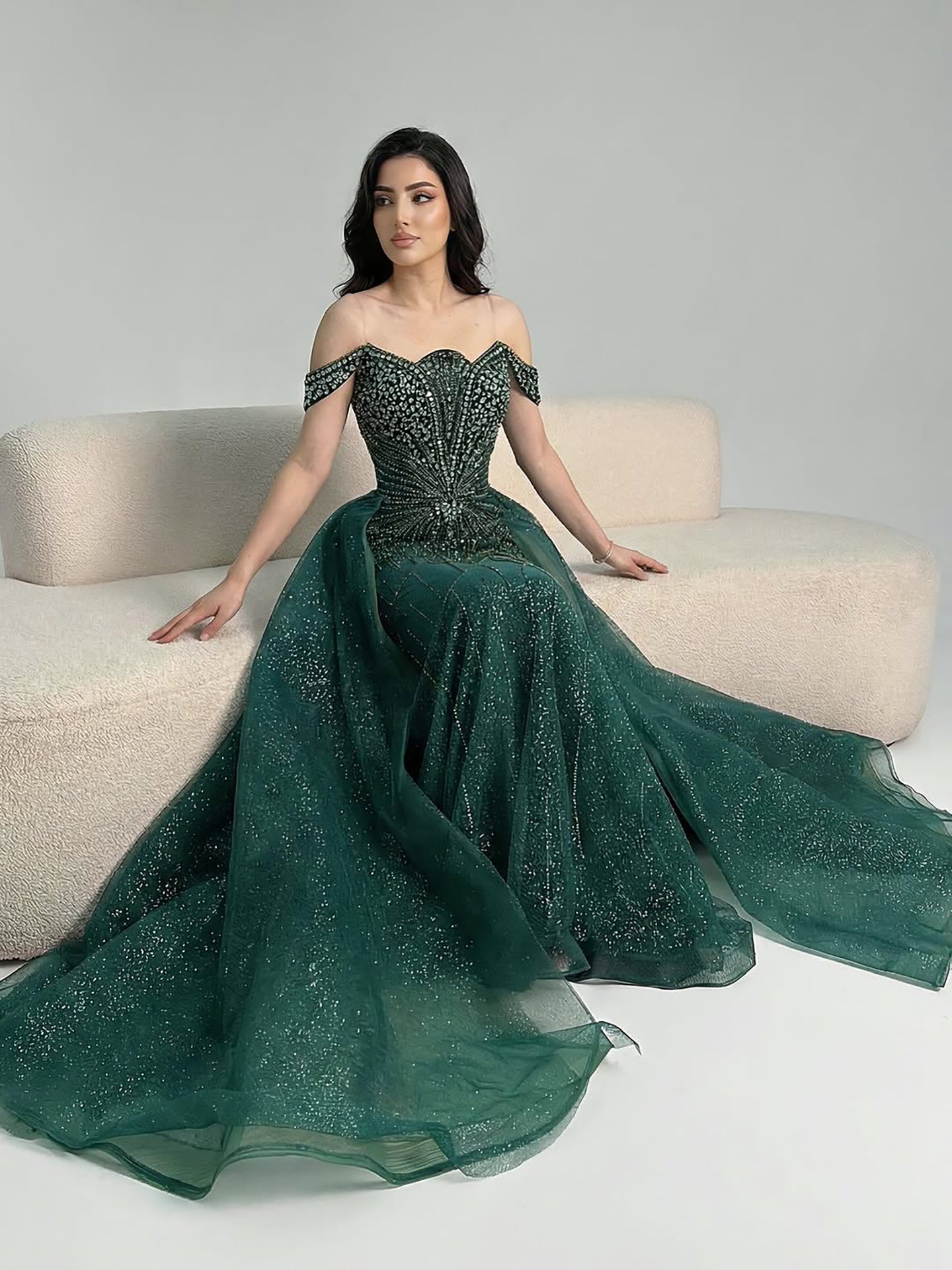 Green Luxury Beaded Off Shoulder Elegant Mermaid With Overskirt Evening Dress Wedding Afterparty Gown