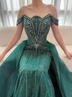 Green Luxury Beaded Off Shoulder Elegant Mermaid With Overskirt Evening Dress Wedding Afterparty Gown