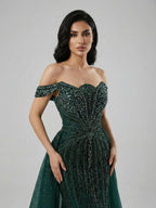 Green Luxury Beaded Off Shoulder Elegant Mermaid With Overskirt Evening Dress Wedding Afterparty Gown