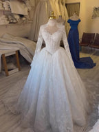 Luxury White CLAce High Neck Long Sleeve Wedding Dress HA2534