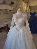 Luxury White CLAce High Neck Long Sleeve Wedding Dress HA2534