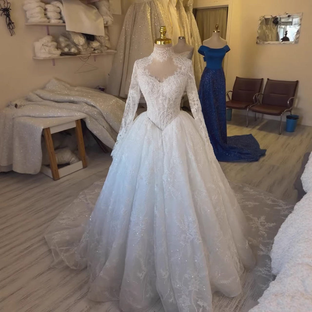 Luxury White CLAce High Neck Long Sleeve Wedding Dress HA2534