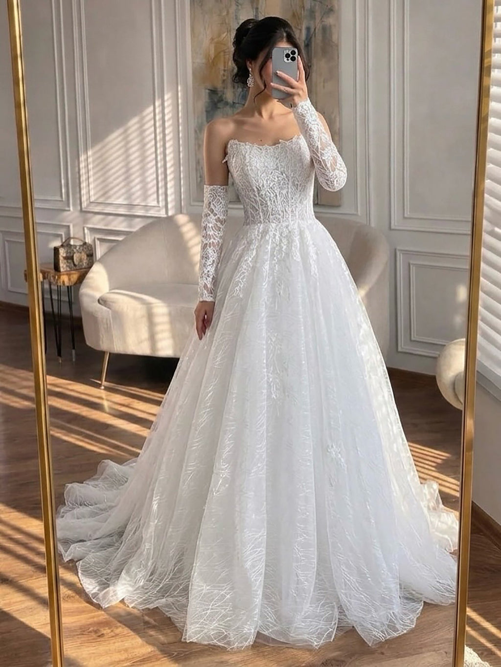 Luxury White Strapless Lace Corset Detachable Sleeve A Line Dress HA2536