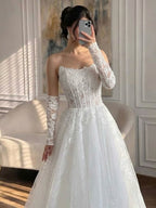 Luxury White Strapless Lace Corset Detachable Sleeve A Line Dress HA2536