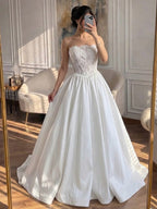 Luxury White Strapless See Through Lace Corset Satin A Line Dress HA2537