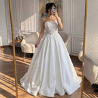 Luxury White Strapless See Through Lace Corset Satin A Line Dress HA2537